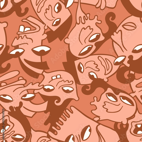 Seamless background with funny faces of anthropomorphic creatures. Humorous characters with different emotion