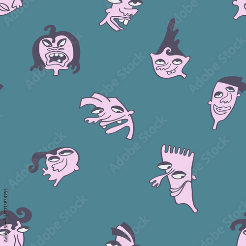 Seamless background with funny faces of anthropomorphic creatures. Humorous characters with different emotion