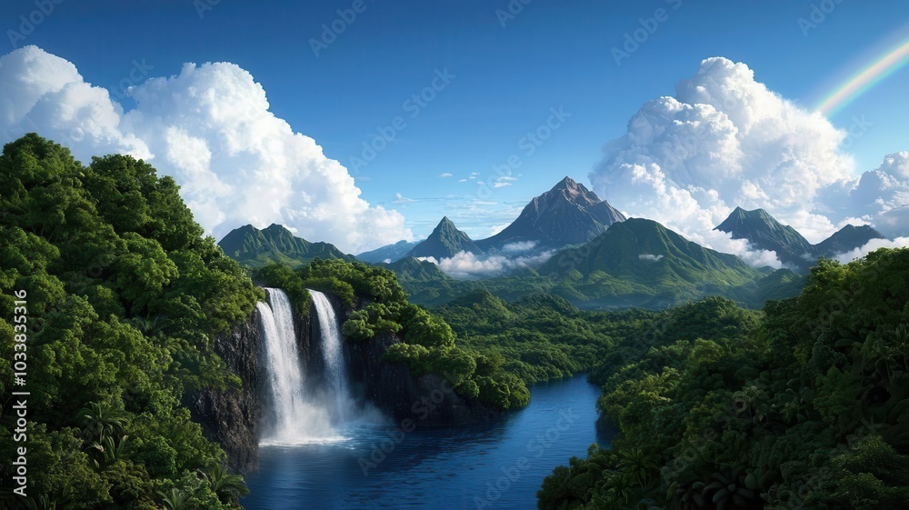 Wideangle view of a waterfall in a lush valley, with a rainbow stretching across the mist, creating a vibrant, peaceful scene Wideangle view of a waterfall in a lush valley, with a rainbow stretching across the mist, creating a vibrant, peaceful scene