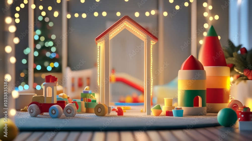 Colorful children's toys arranged in a cozy playroom setting. Colorful children's toys arranged in a cozy playroom setting.