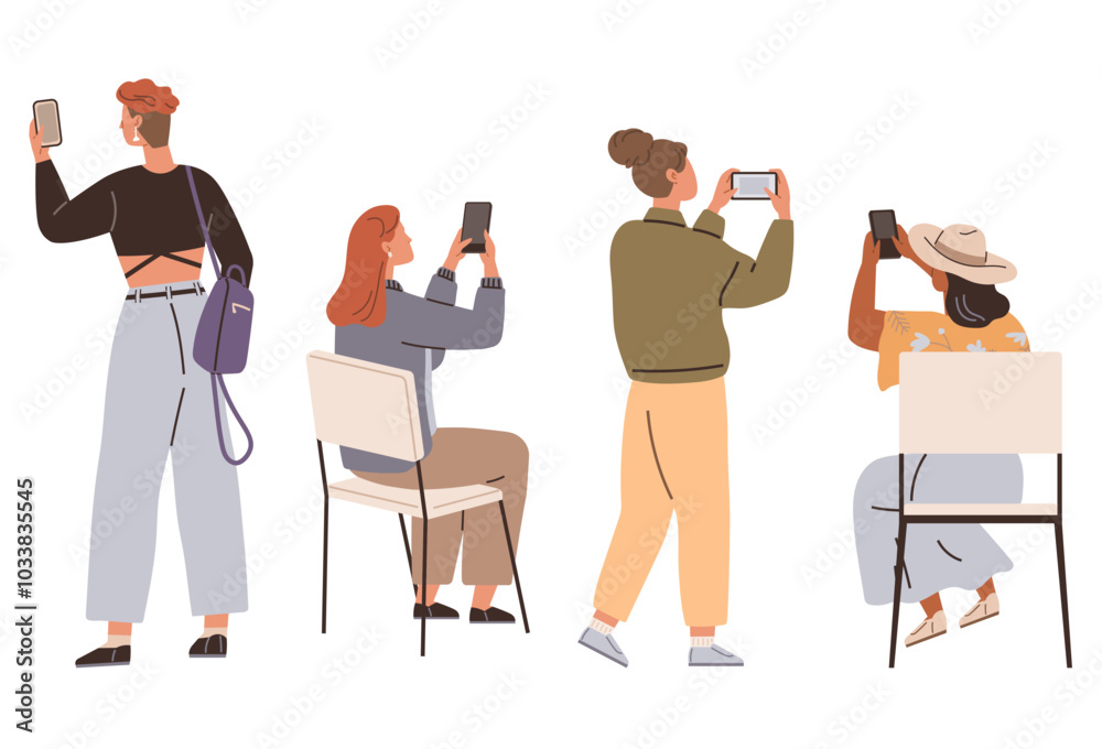 Fototapeta premium Four individuals using mobile devices while in different postures and activities, including sitting and standing. Ideal for technology, social media, communication, modern lifestyle, fashion trends