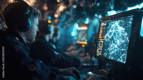 Military officers are focused on sonar monitoring aboard submarine, showcasing teamwork and advanced technology in high stakes environment