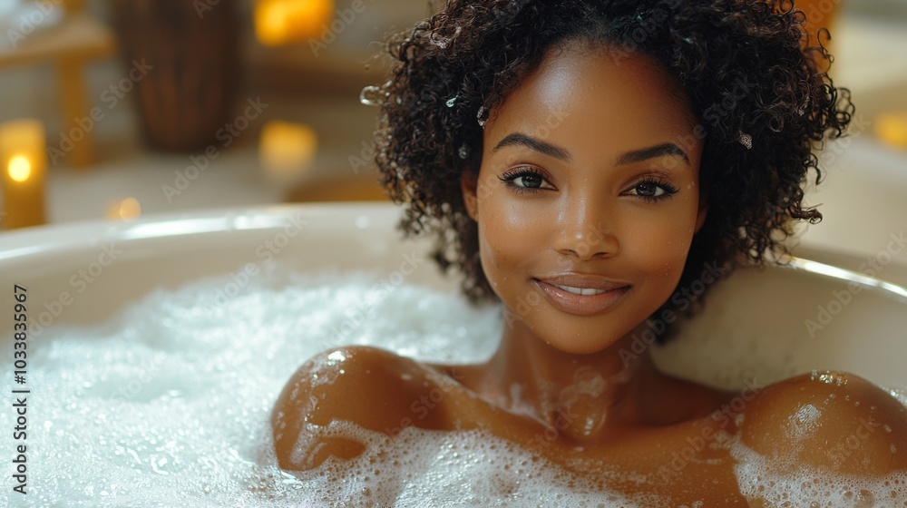 Relaxed blonde lady enjoying hot foamy aromatic bath at home, lying in tub full of water with closed eyes, side view, closeup photo, copy space. Home spa, body care concept Relaxed blonde lady enjoying hot foamy aromatic bath at home, lying in tub full of water with closed eyes, side view, closeup photo, copy space. Home spa, body care concept