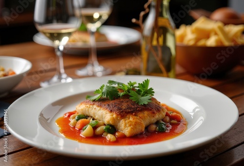 Seafood dish with tomato sauce and vegetables