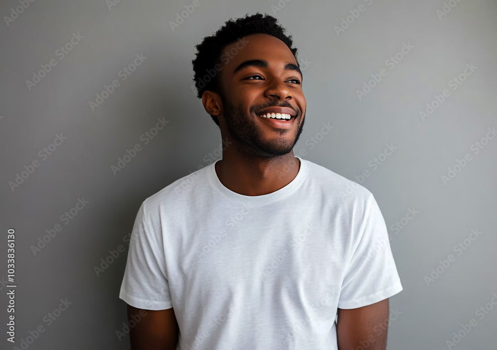 A happy young man in a white T-shirt, standing against a gray background with ample copy space.