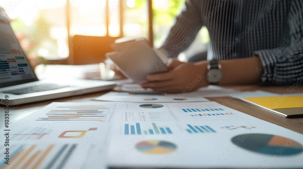 Close-up of charts and graphs on a desk with a person out of focus in the background
