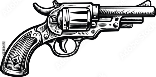 Black and White Engraving of an Old Cowboy Gun on White Background