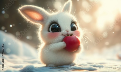 Adorable Fluffy Bunny with Apple in Snowy Forest