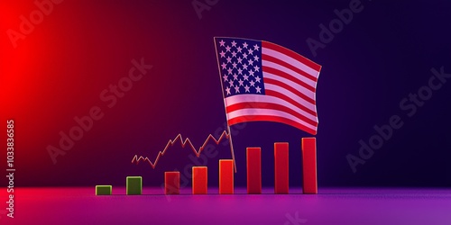 American flag with ascending graphs on a vibrant background.