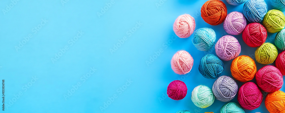 Colorful Yarn Balls Arranged on a Blue Background Colorful Yarn Balls Arranged on a Blue Background