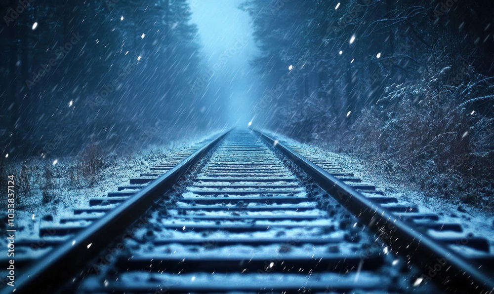 Snowy Train Tracks in Winter Forest Landscape Snowy Train Tracks in Winter Forest Landscape
