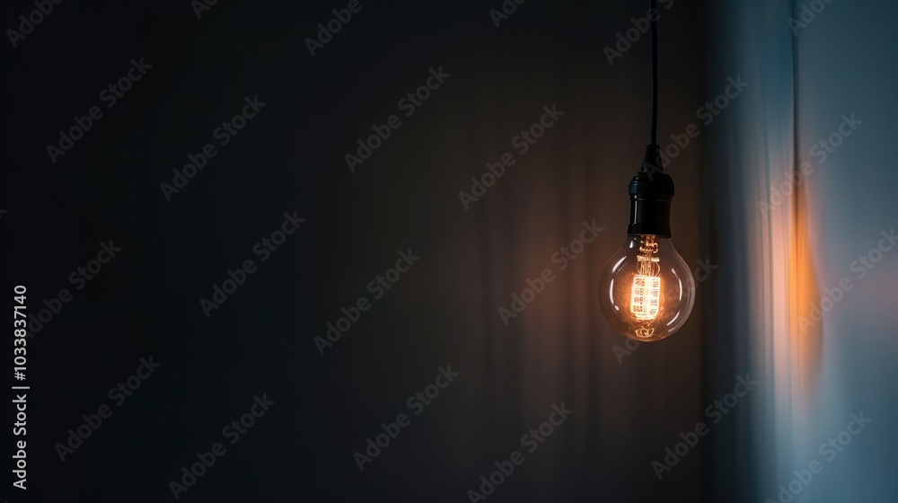 Dark empty room with single flickering light bulb casting long shadows, emphasizing absence of power and eerie atmosphere, minimalist setting with focus on light bulb's glow. Dark empty room with single flickering light bulb casting long shadows, emphasizing absence of power and eerie atmosphere, minimalist setting with focus on light bulb's glow.