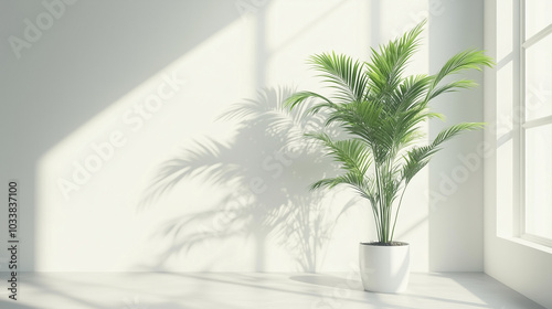 Potted Palm Plant in Sunlit Room with Shadow on Wall