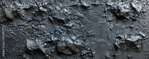 A close-up of a weathered black concrete wall featuring cracks and textures