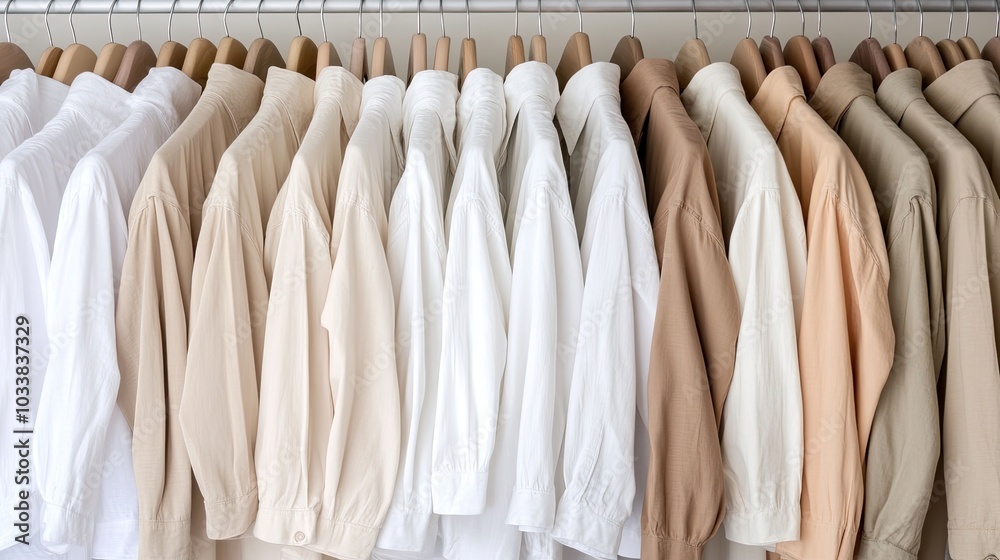 A collection of adorable pastel beige and brown sweaters hangs neatly on wooden hangers in a stylish dressing room, perfect for autumn or winter shopping A collection of adorable pastel beige and brown sweaters hangs neatly on wooden hangers in a stylish dressing room, perfect for autumn or winter shopping