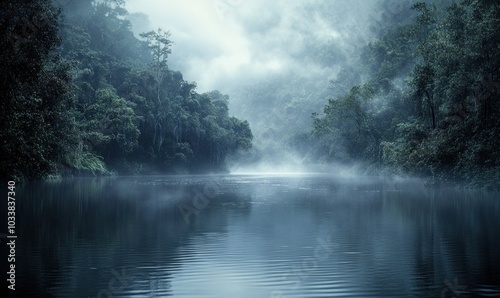 Mystical Misty Jungle River at Dawn