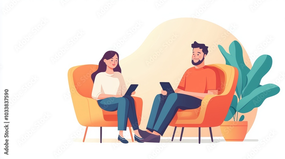 A cozy illustration of two people sitting in orange chairs, interacting with tablets, surrounded by a plant A cozy illustration of two people sitting in orange chairs, interacting with tablets, surrounded by a plant