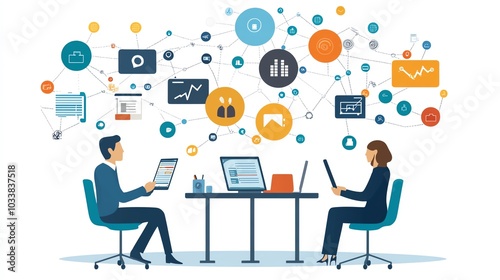 Project management teamwork, two persons discussing product reviews, network links, stock market background, flat design illustration