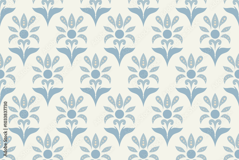 Seamless damask floral pattern with soft blue ornamental motifs on a light background, ideal for wallpaper, textile prints, wrapping paper, and interior design with a classic and vintage style.