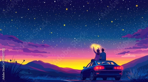 Wallpaper Mural Two figures sit on a car, gazing at a starry sky and vibrant sunset Torontodigital.ca