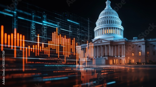 United States Capitol building with digital overlay, night shot, urban scene.