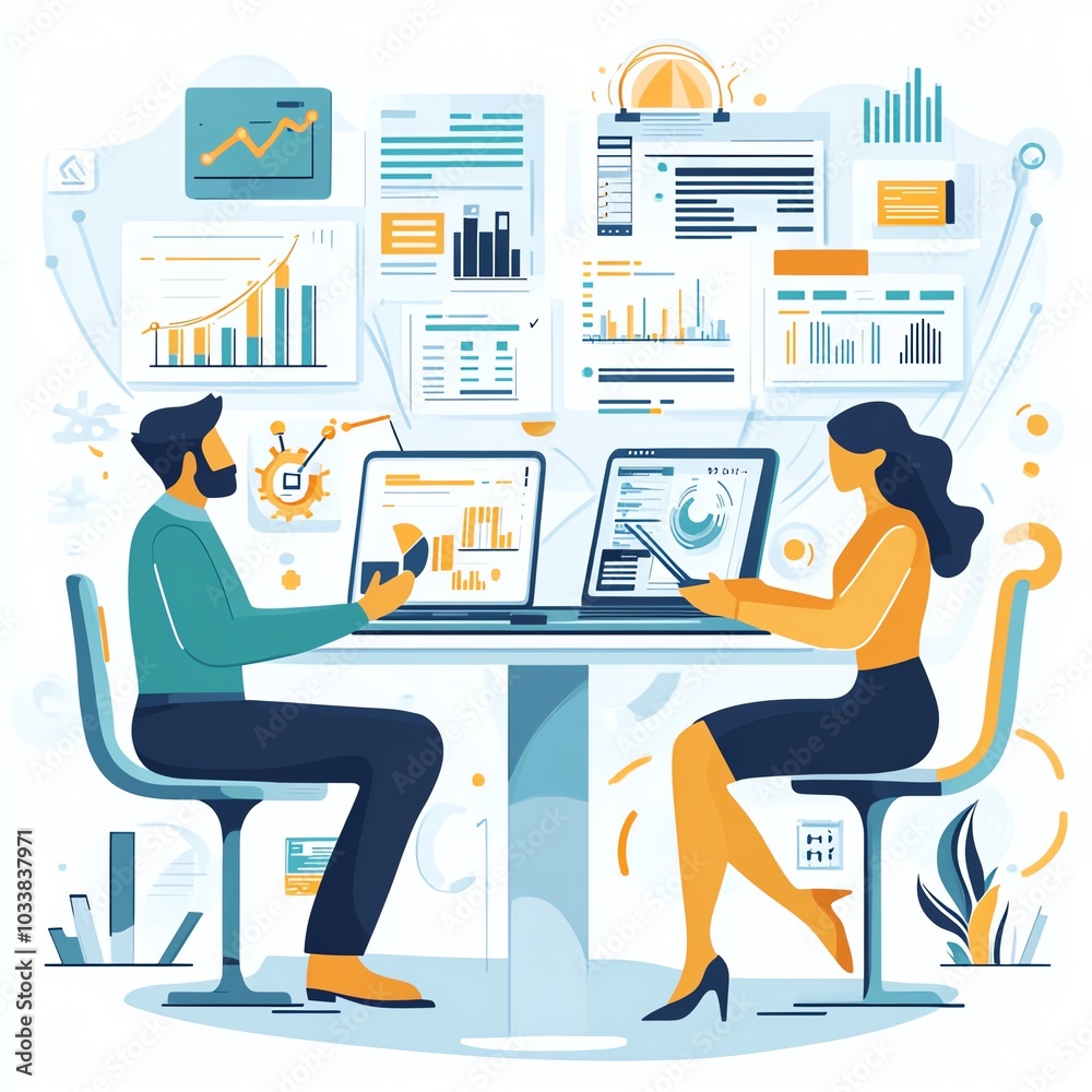 Project management duo, evaluating products, network connections and stock market analysis, flat design illustration Project management duo, evaluating products, network connections and stock market analysis, flat design illustration