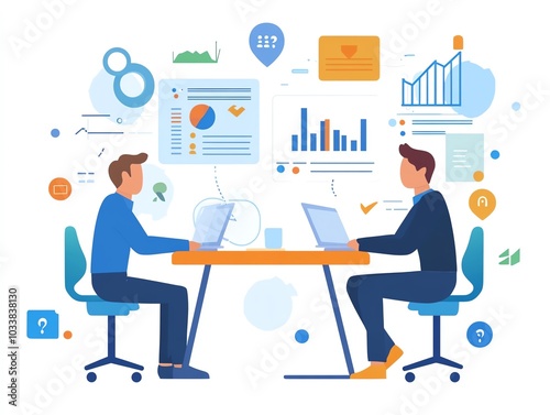 Project management with two people, product review sessions, network integration, stock market elements, flat design illustration