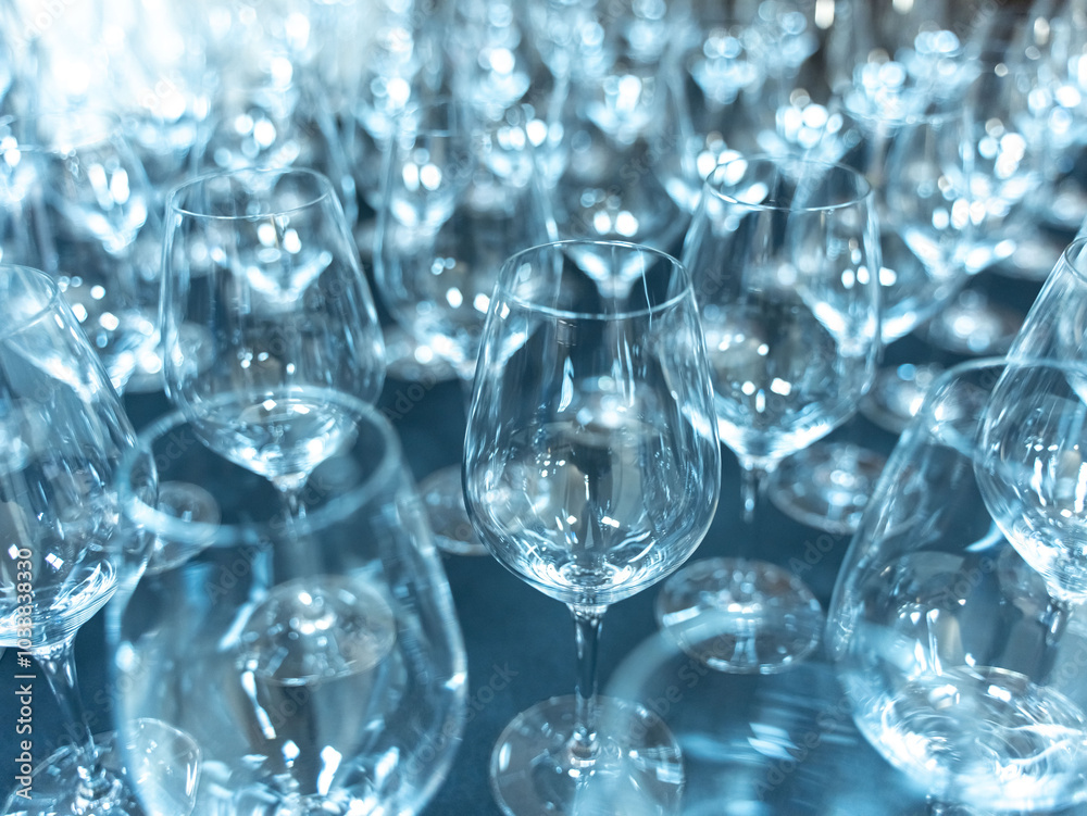 Wine glasses. Horizontal photo of aligned empty wine glasses, close up, black and white. Selective focus. Wine glasses. Horizontal photo of aligned empty wine glasses, close up, black and white. Selective focus.