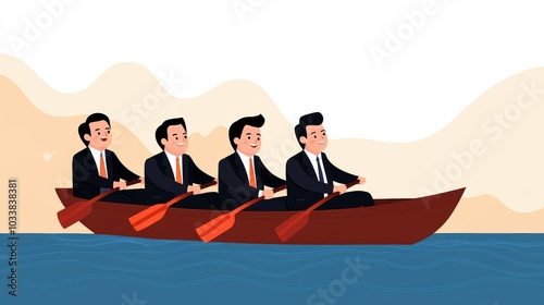 Four businessmen in suits row a boat together, teamwork and collaboration on water.