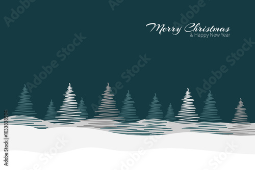 Merry Christmas and Happy new year greeting card. Beautiful snowy winter landscape panorama with forest. EPS 10