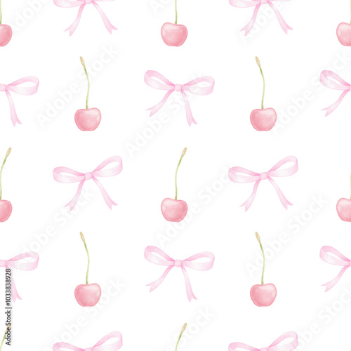 Cherry and pink bows. Watercolor seamless pattern on white background in pastel colors for textile and wrapping paper. Cute children's illustration
