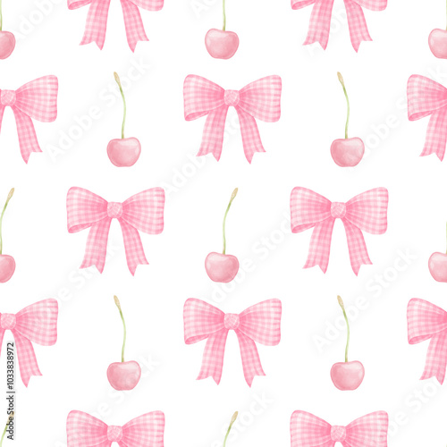 Cherry and pink bows. Watercolor seamless pattern on white background in pastel colors for textile and wrapping paper. Cute children's illustration