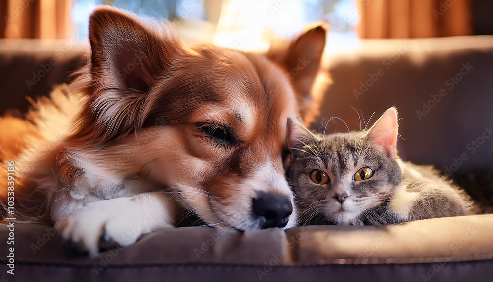 Cat and dog cuddling together on a cozy sofa Cat and dog cuddling together on a cozy sofa