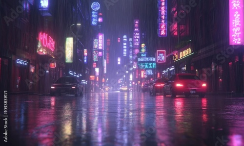 Neon Rainy City Street at Night With Cars