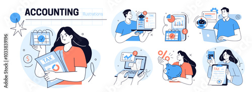 AI technology in finance and accounting set. Collection of characters preparing automated tax return with artificial intelligence algorithms, machine learning tools. Vector illustration.