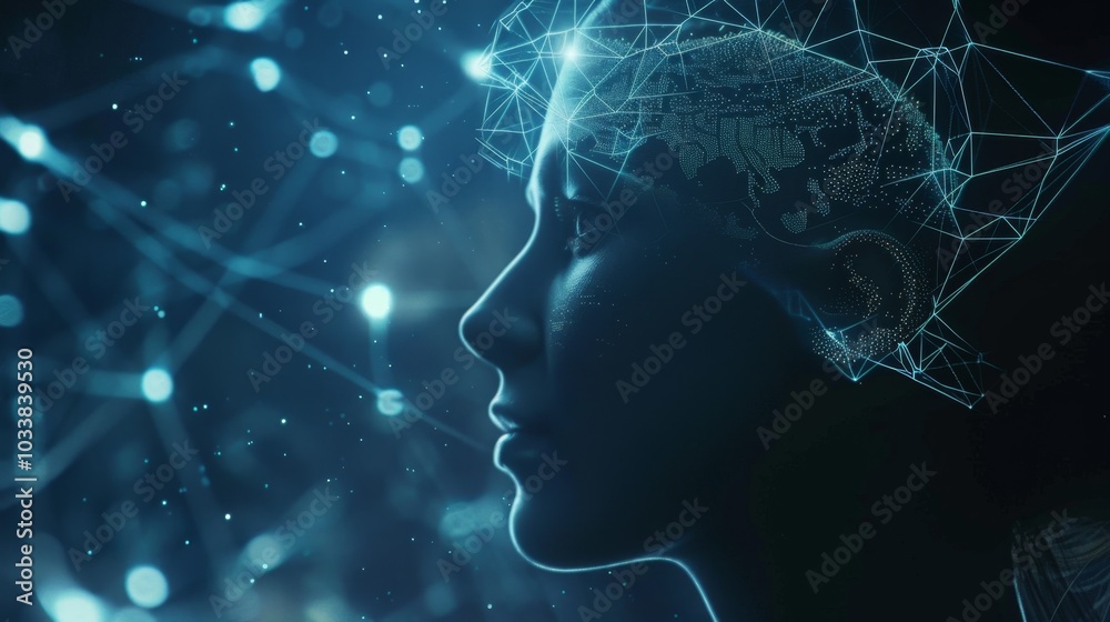 A woman's face is shown in a blue background with a lot of lines and dots A woman's face is shown in a blue background with a lot of lines and dots