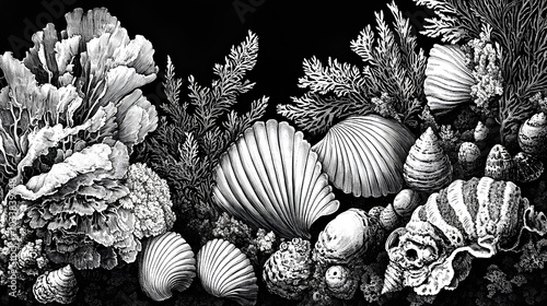 Fototapeta Naklejka Na Ścianę i Meble -  seashells surrounded by seaweed, showcasing oceanic and marine life elements sketch engraving 