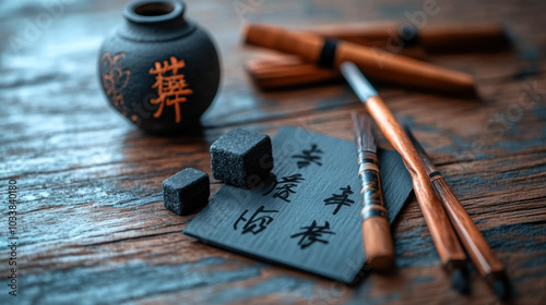 Chinese calligraphy brushes on a wooden table with inkstones photo