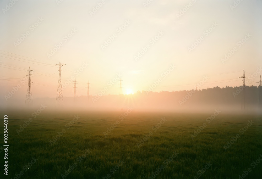 Sunrise over Foggy Field with Power Lines . Sunrise over Foggy Field with Power Lines .
