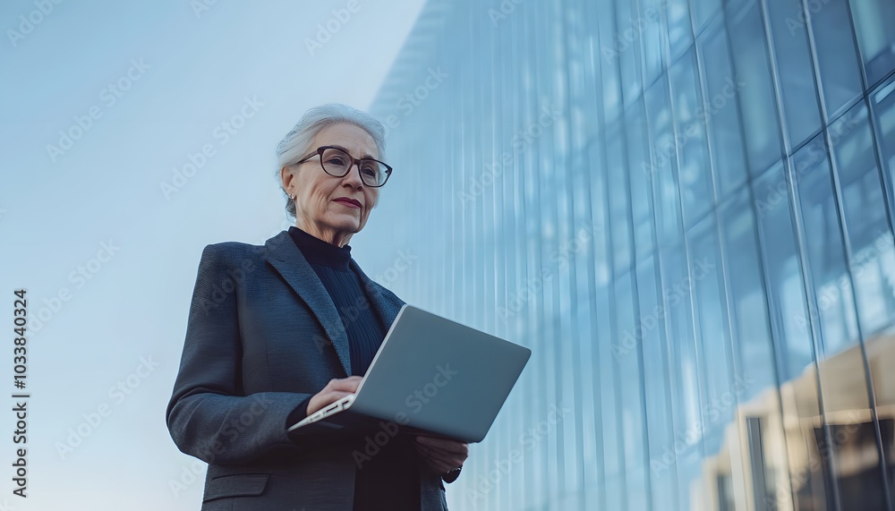 Senior Woman in Business Suit Uses Laptop in Front of Modern Building Senior Woman in Business Suit Uses Laptop in Front of Modern Building
