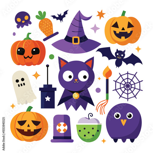 Set of Halloween vector elements like pumpkins, bats, and ghosts on white background