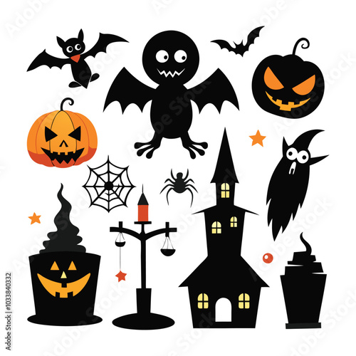 Set of Halloween vector elements like pumpkins, bats, and ghosts on white background