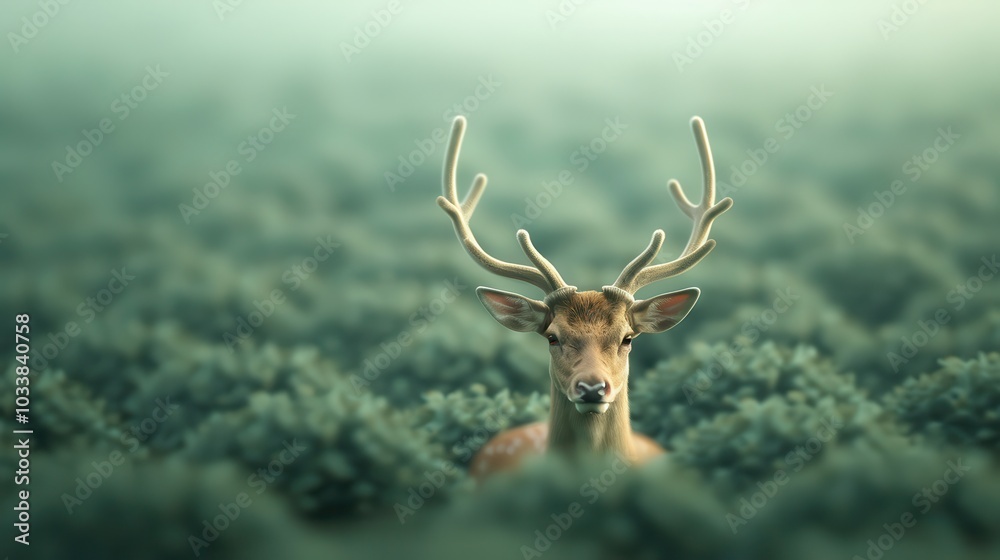 Naklejka premium A proud stag with antlers standing amidst lush, green foliage.