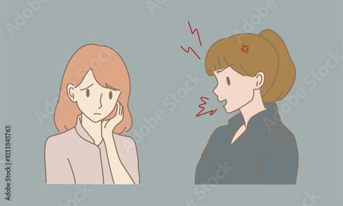 Angry businesswoman yelling at sad employee. Two women quarrel. Office workers conflict. Hand drawn flat cartoon character vector illustration. 