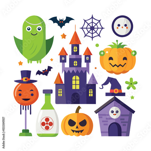 Set of Halloween vector elements like pumpkins, bats, and ghosts on white background