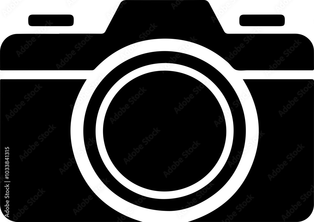 Black and White Camera Icon: Minimalist design featuring a simplistic camera silhouette, perfect for photography themes and digital media. Black and White Camera Icon: Minimalist design featuring a simplistic camera silhouette, perfect for photography themes and digital media.