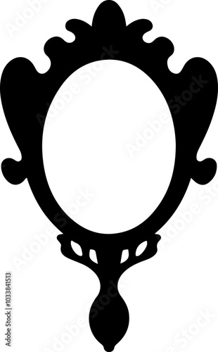Elegant black silhouette of a vintage mirror frame suitable for decorative designs and branding purposes.