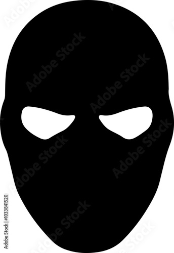 Minimalist vector illustration of a masked figure, featuring a solid black silhouette with white eye shapes, suitable for designs or logos.