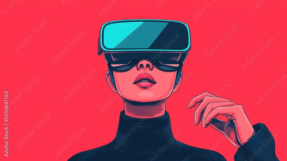 A woman wearing VR glasses against a vibrant red background A woman wearing VR glasses against a vibrant red background