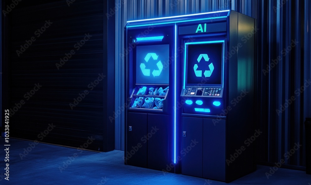 Futuristic AI Recycling Machine with Neon Lights Futuristic AI Recycling Machine with Neon Lights